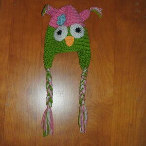 Cute Fun & Silly Hand Knit Pink Green White OWL Hat Cap OS Child Kids